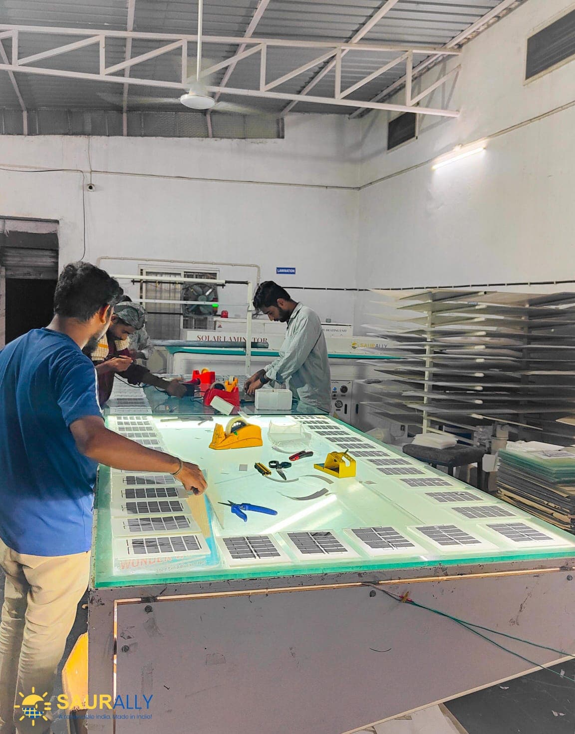 Rows of solar cells laid out on the lamination table at the Saurally factory in Yadgir