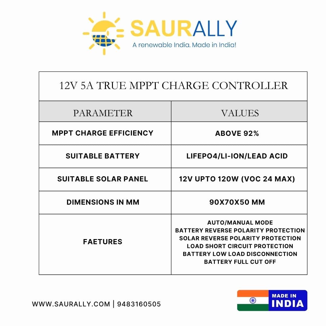 12V, 5A True MPPT Solar Charge Controller for Battery Charging and Off Grid Application